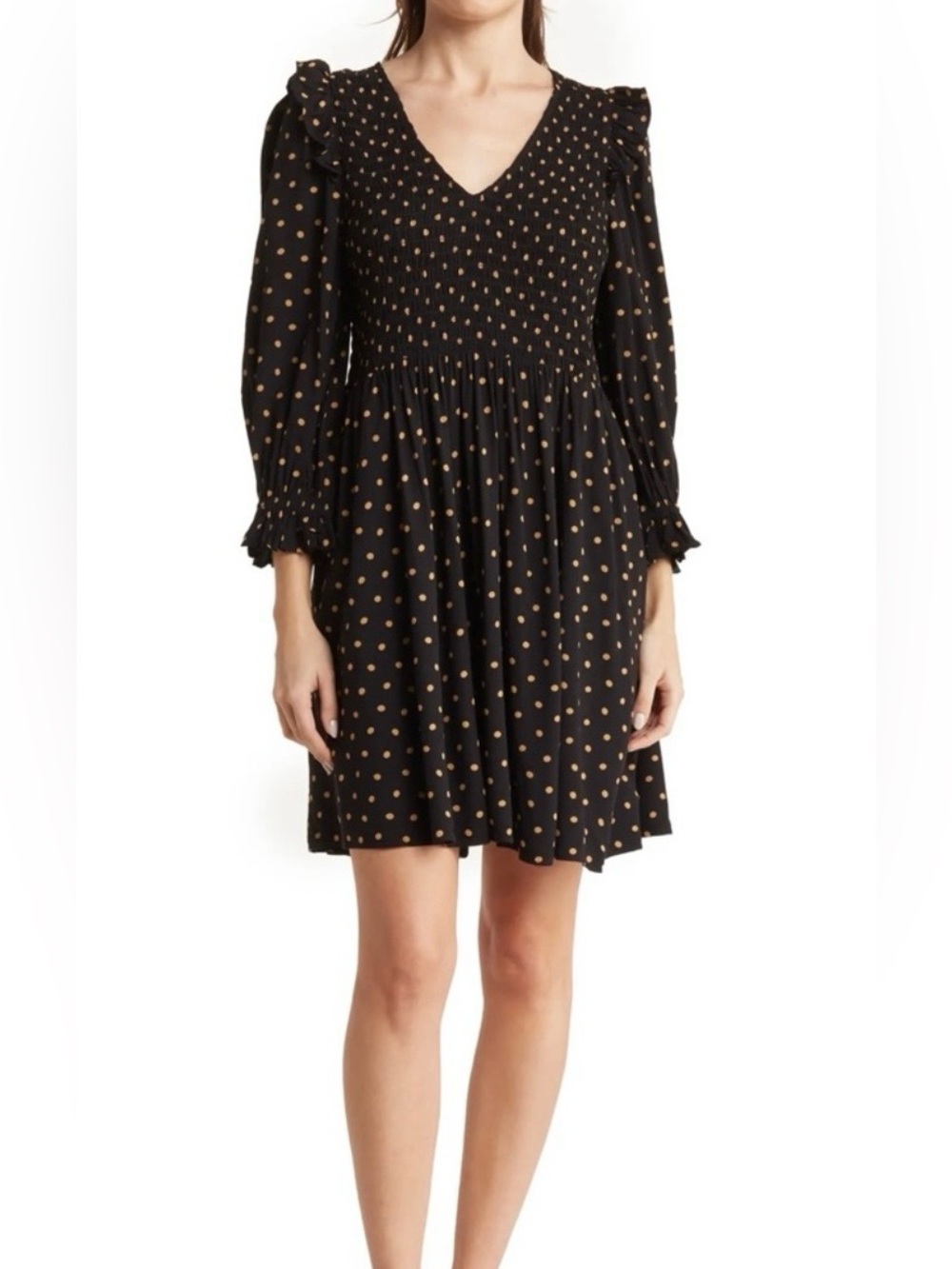 Madewell Black Tan Polka Dot V-Neck Smocked Waist Dress Size Small